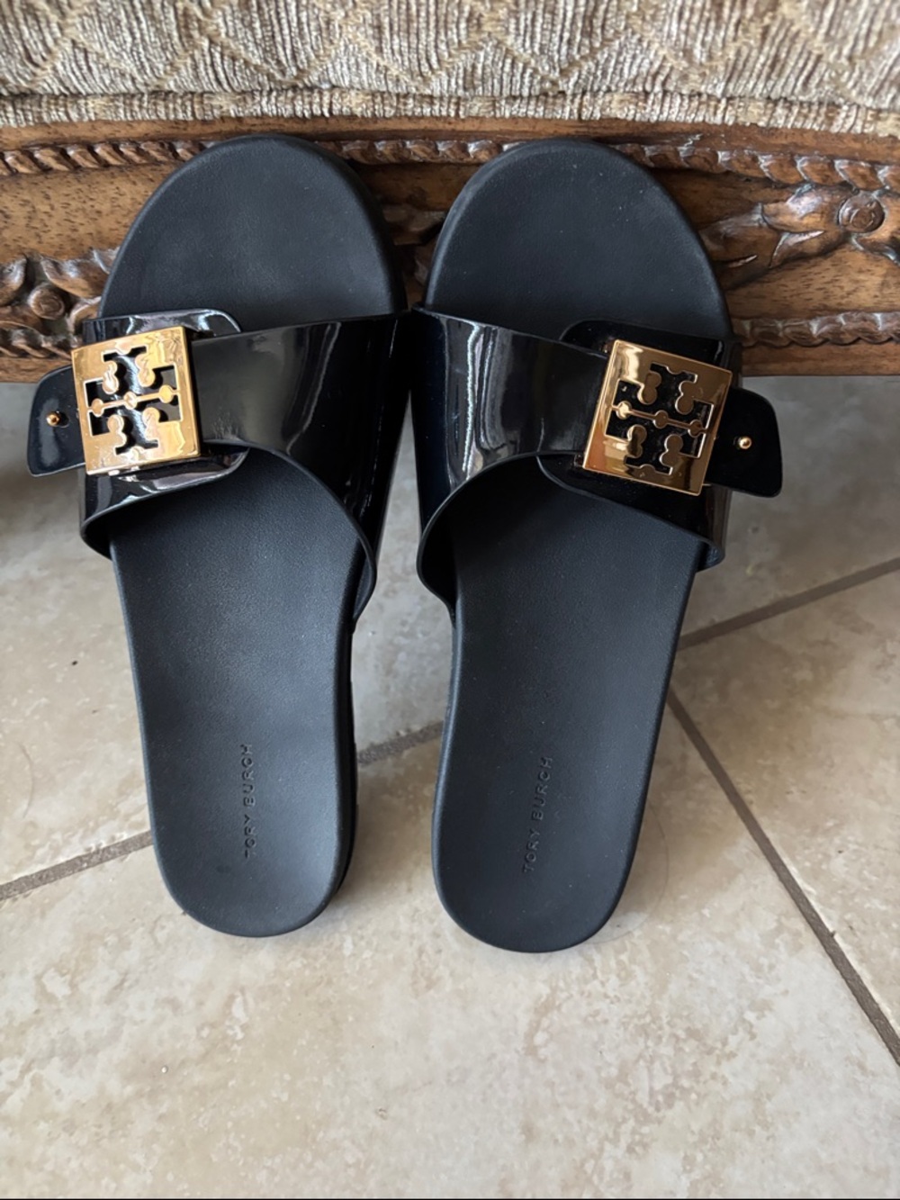 Tory Burch Black Patent Slide Sandals with Gold Logo Buckle